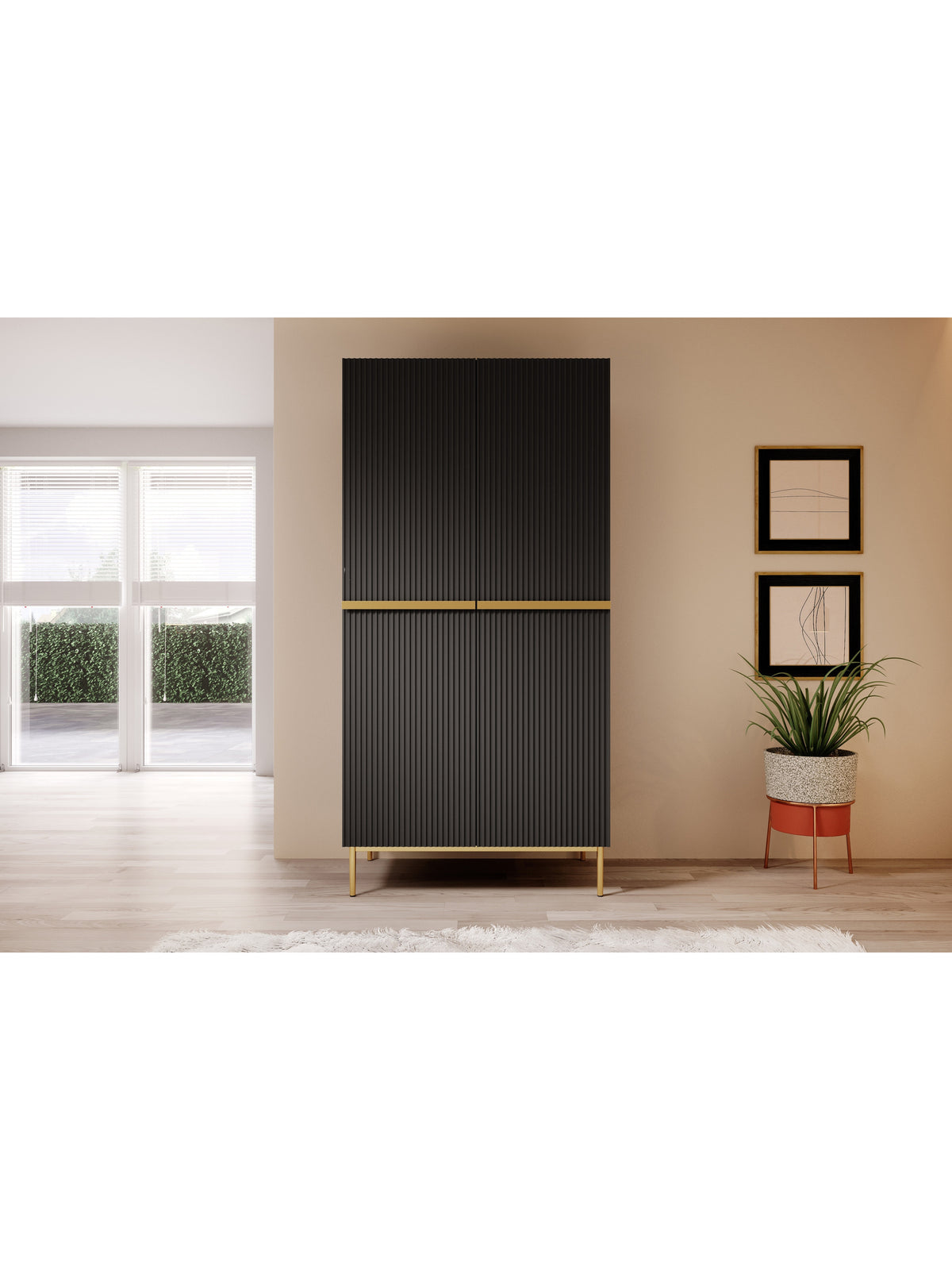 dulap Nicole 100 cm z rafturi i sertare - negru mat / zlote nozki