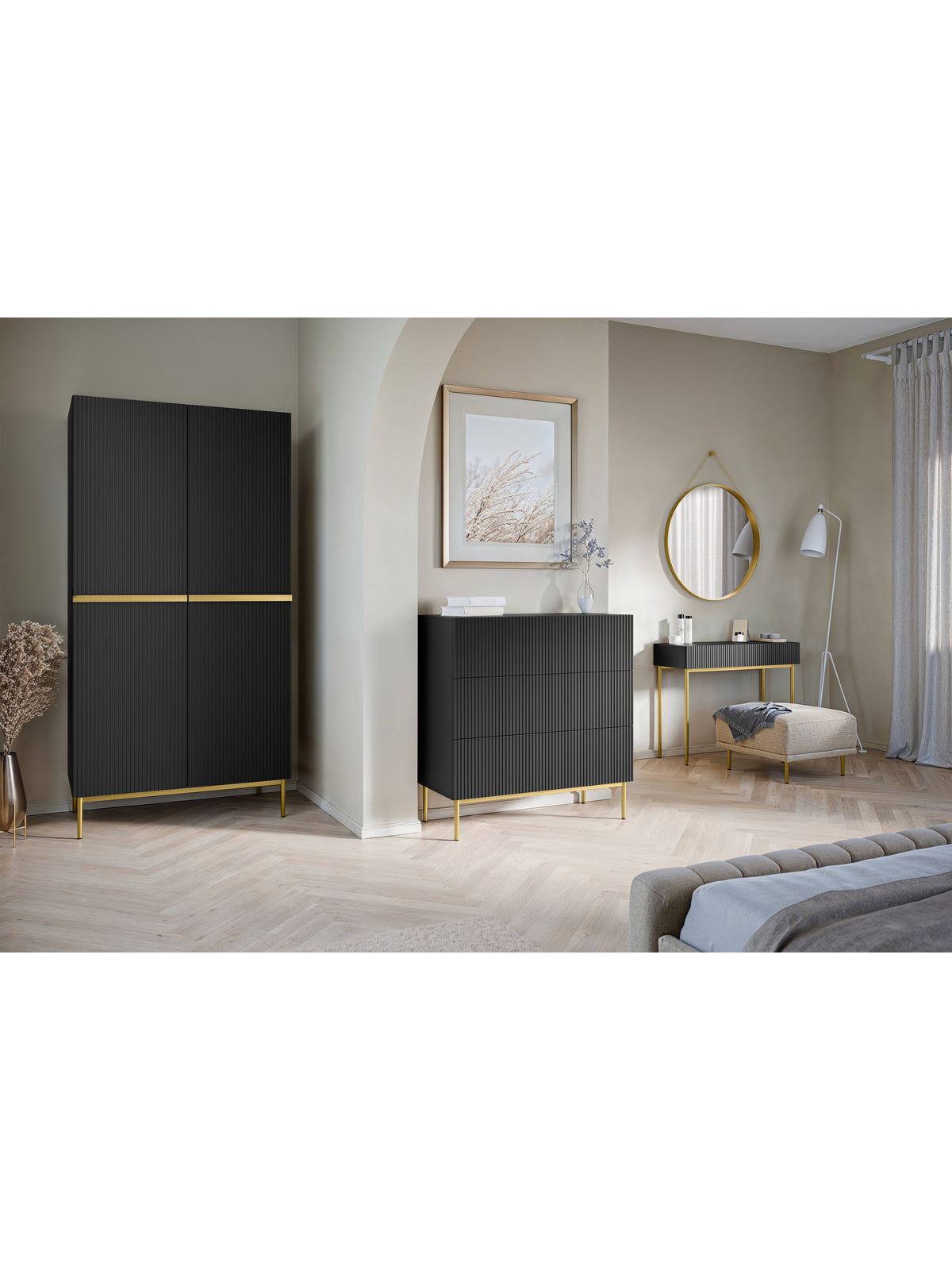 dulap Nicole 100 cm cu sertare cu picioare metalice - negru mat / picioare aurii
