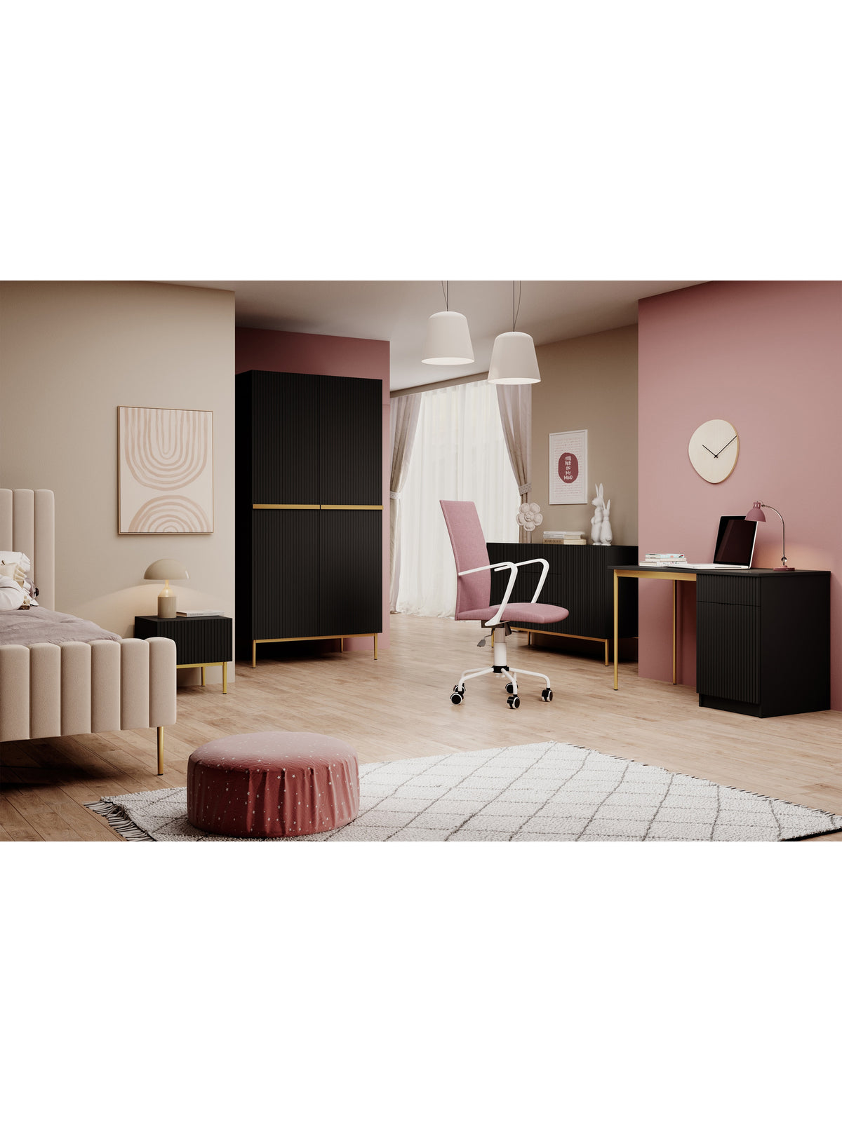 dulap Nicole 100 cm cu sertare cu picioare metalice - negru mat / picioare aurii