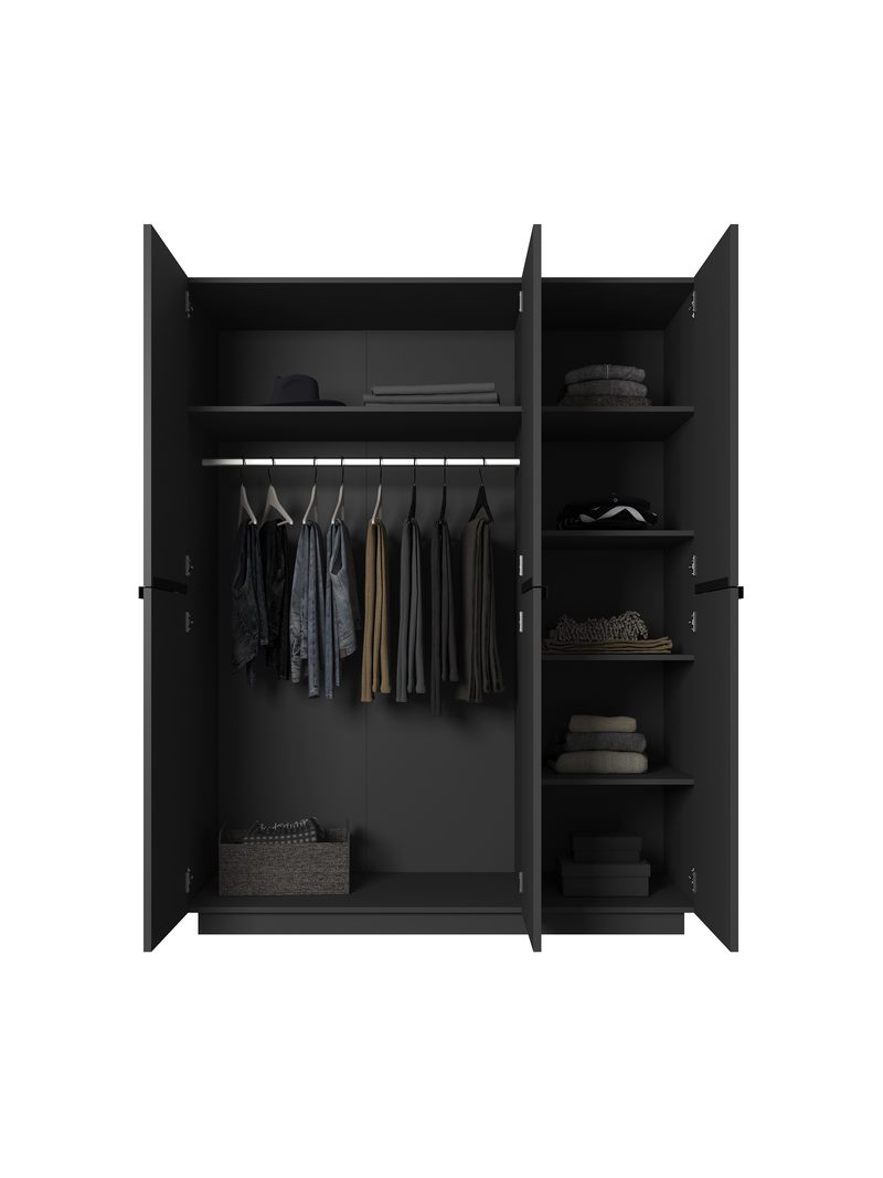 Dulap Nicole 150 cm negru mat cu trei uși și cinci rafturi, mânere metalice