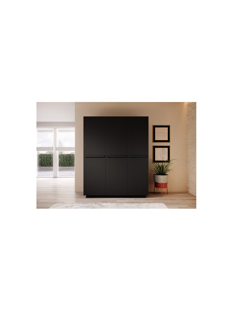 Dulap Nicole 150 cm negru mat, fronturi striate, trei uși, cinci rafturi