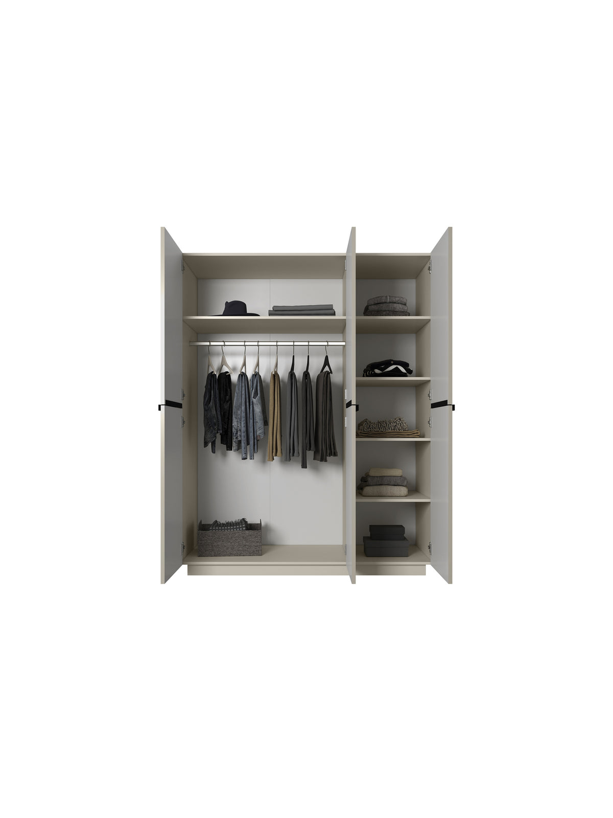 Dulap Nicole 150 cm casmir cu trei uși și cinci rafturi, mânere metalice negre