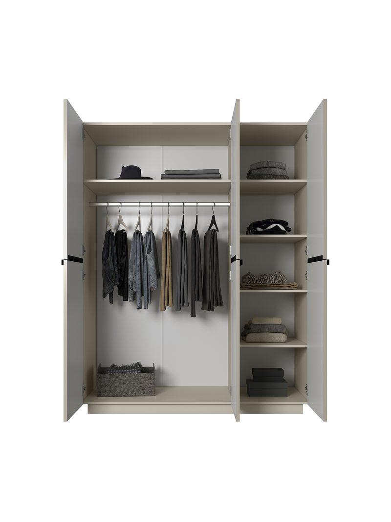 Dulap Nicole 150 cm casmir cu trei uși și cinci rafturi, mânere metalice negre