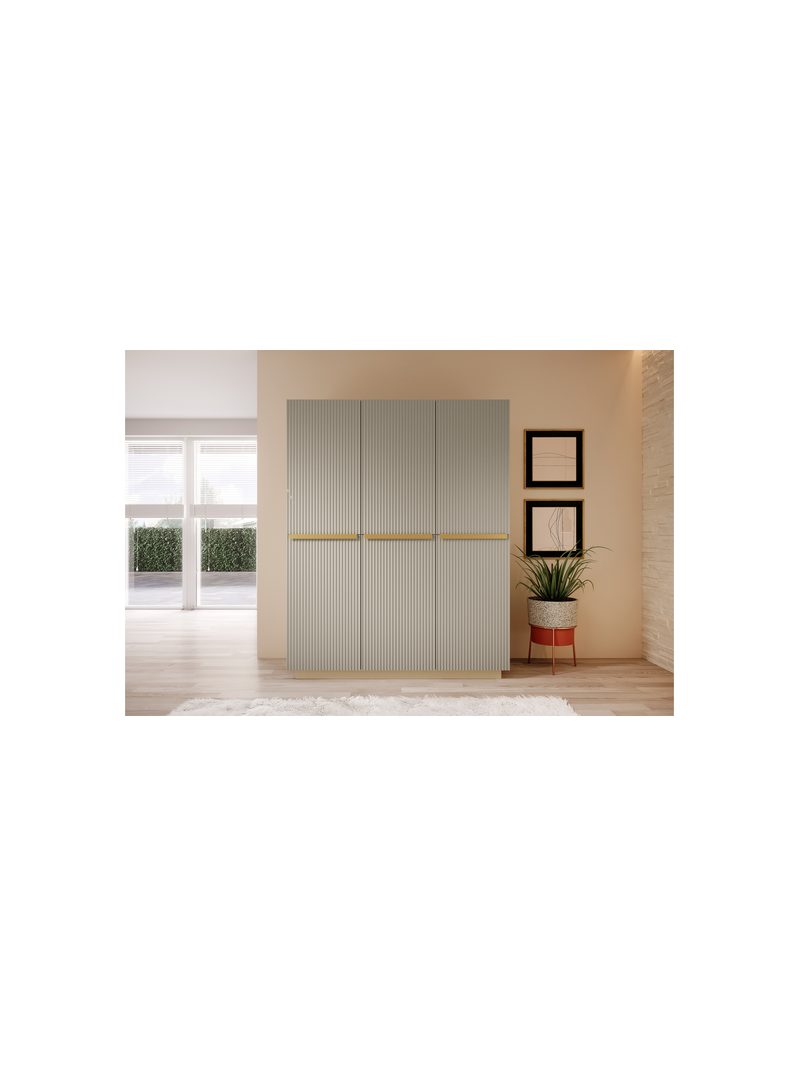 Dulap Nicole 150 cm cashmere cu trei uși și mânere aurii, front striat