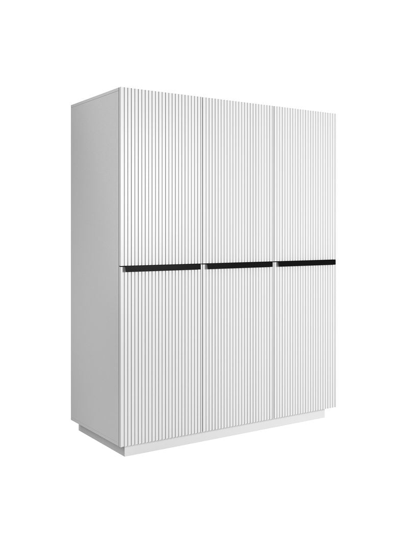 Dulap Nicole 150 cm alb mat cu trei uși și mânere negre, front canelat