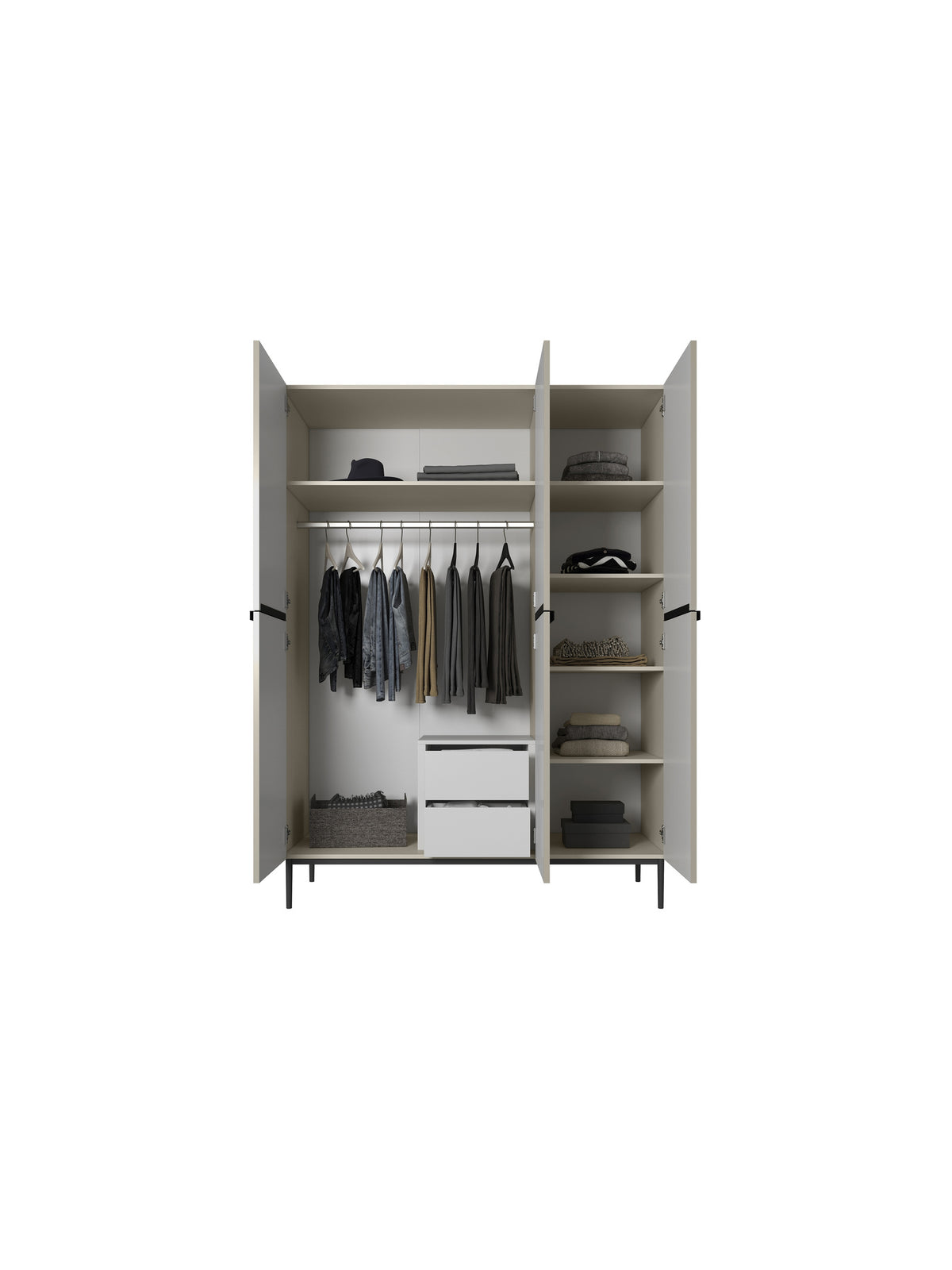 Dulap Nicole 150 cm casmir cu picioare negre, deschis cu rafturi și sertare