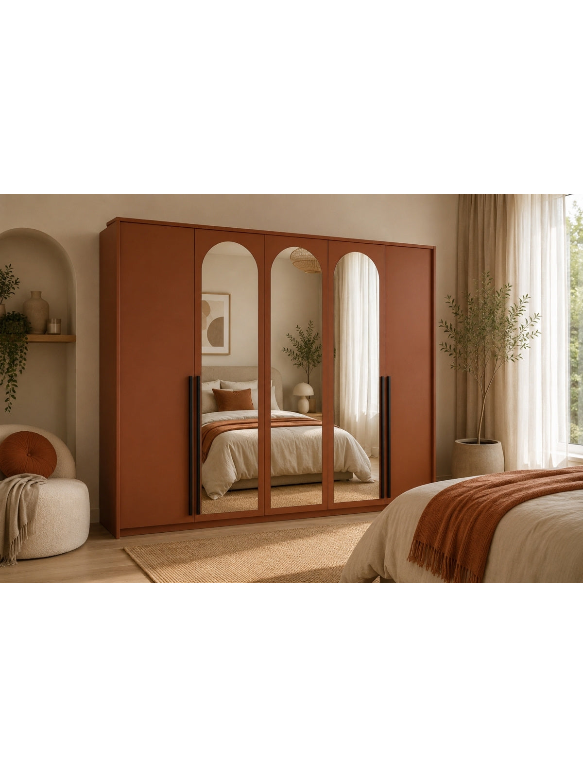 Dulap cu cinci uși Ovana 255 cm culoare terracota cu trei oglinzi