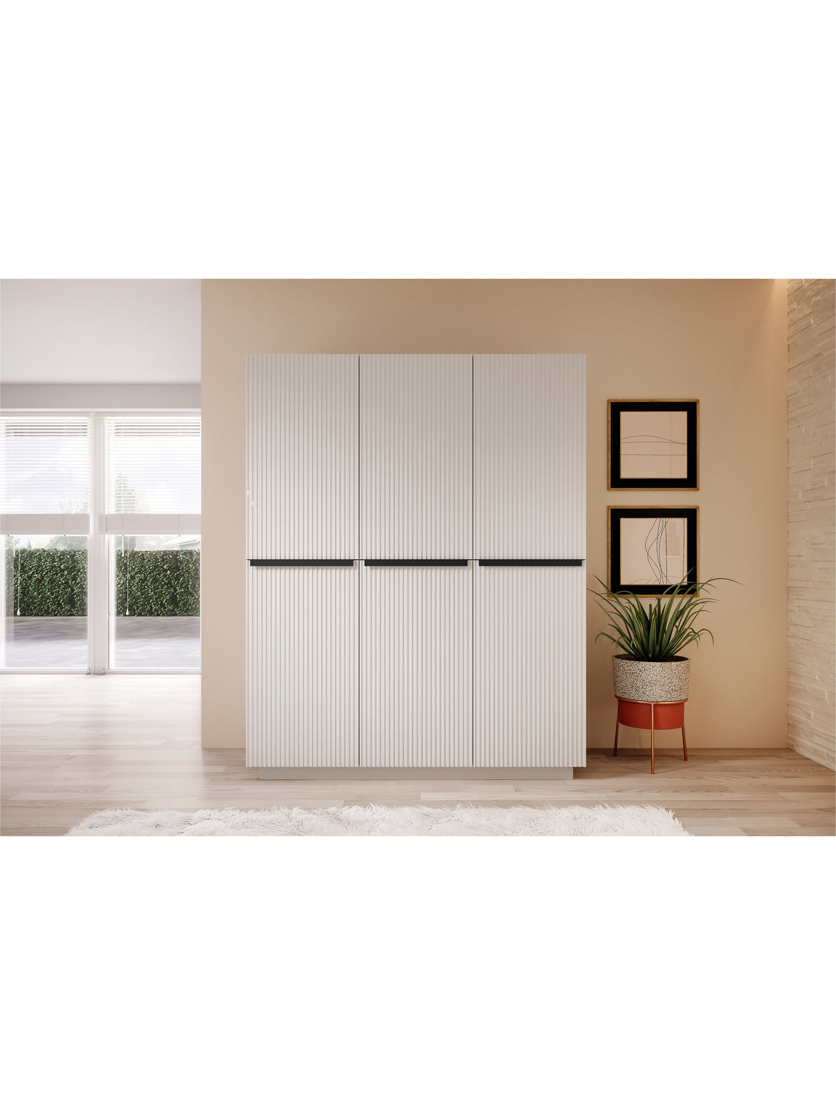 Dulap Nicole 150 cm cu front alb mat și mânere metalice negre, 3 uși, 2 sertare