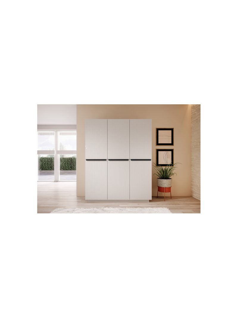 Dulap Nicole 150 cm cu front alb mat și mânere metalice negre, 3 uși, 2 sertare