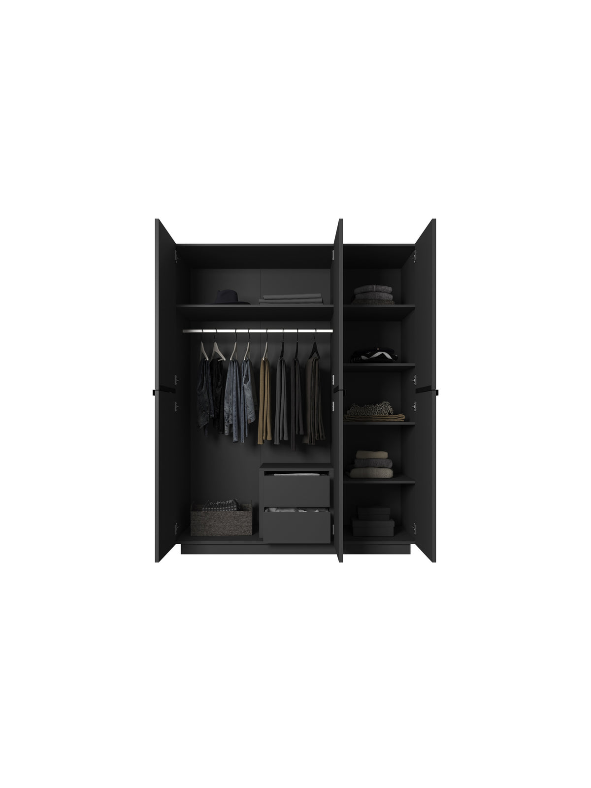 Szafa Nicole 150 cm czarny mat z trzema drzwiami, półkami i szufladami od frontu