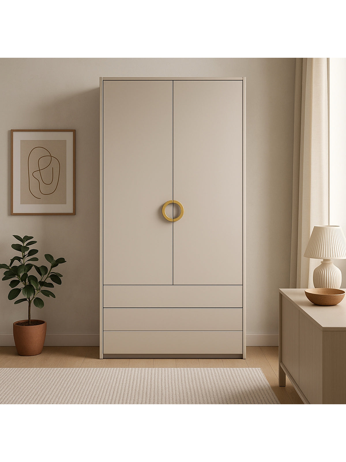 Dulap Nubo 100 cm casmir cu 2 uși și 3 sertare, front zebră, mâner auriu