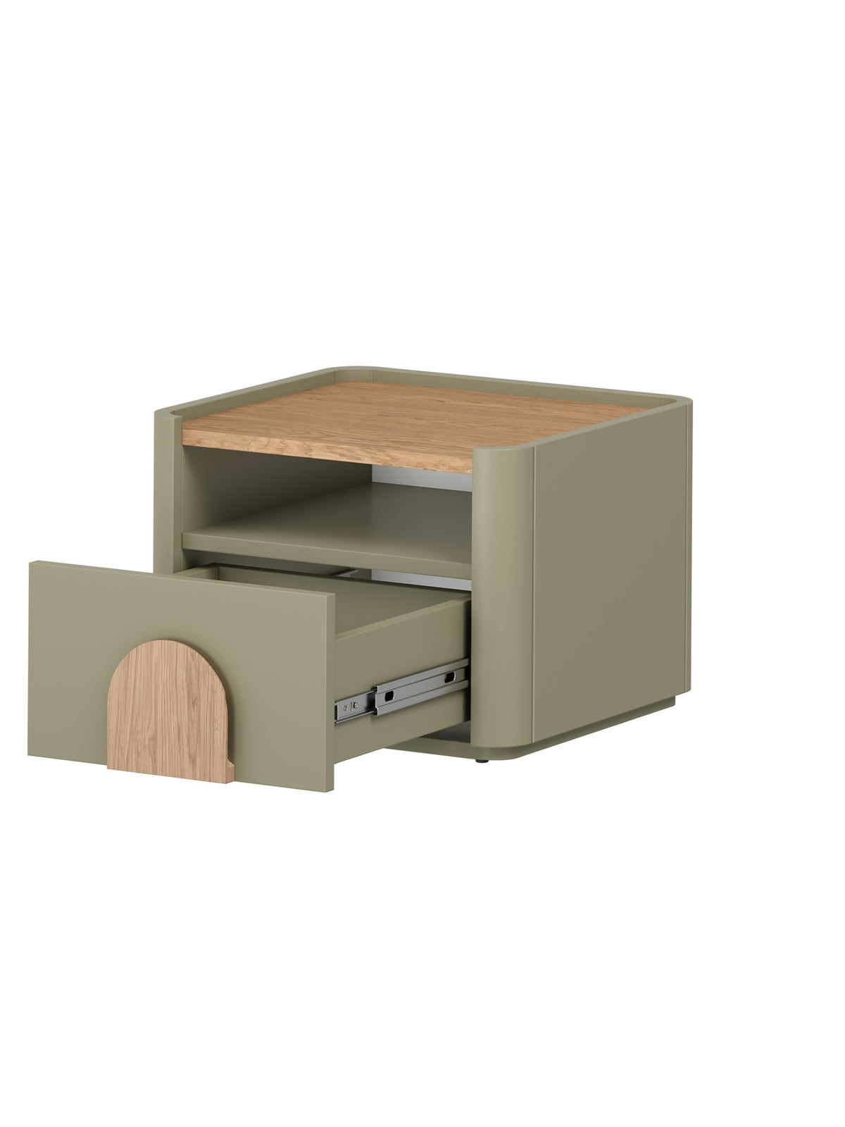 Noptieră Amilio 50 cm cu corp verde-măsliniu și sertar cu mâner din stejar natural