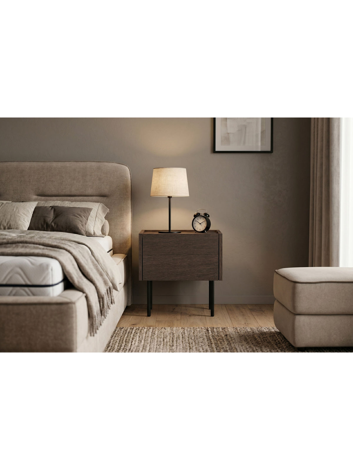 Noptiere Dunari cu un sertar, lățime 45 cm, culoare stejar dunin, picioare metalice negre