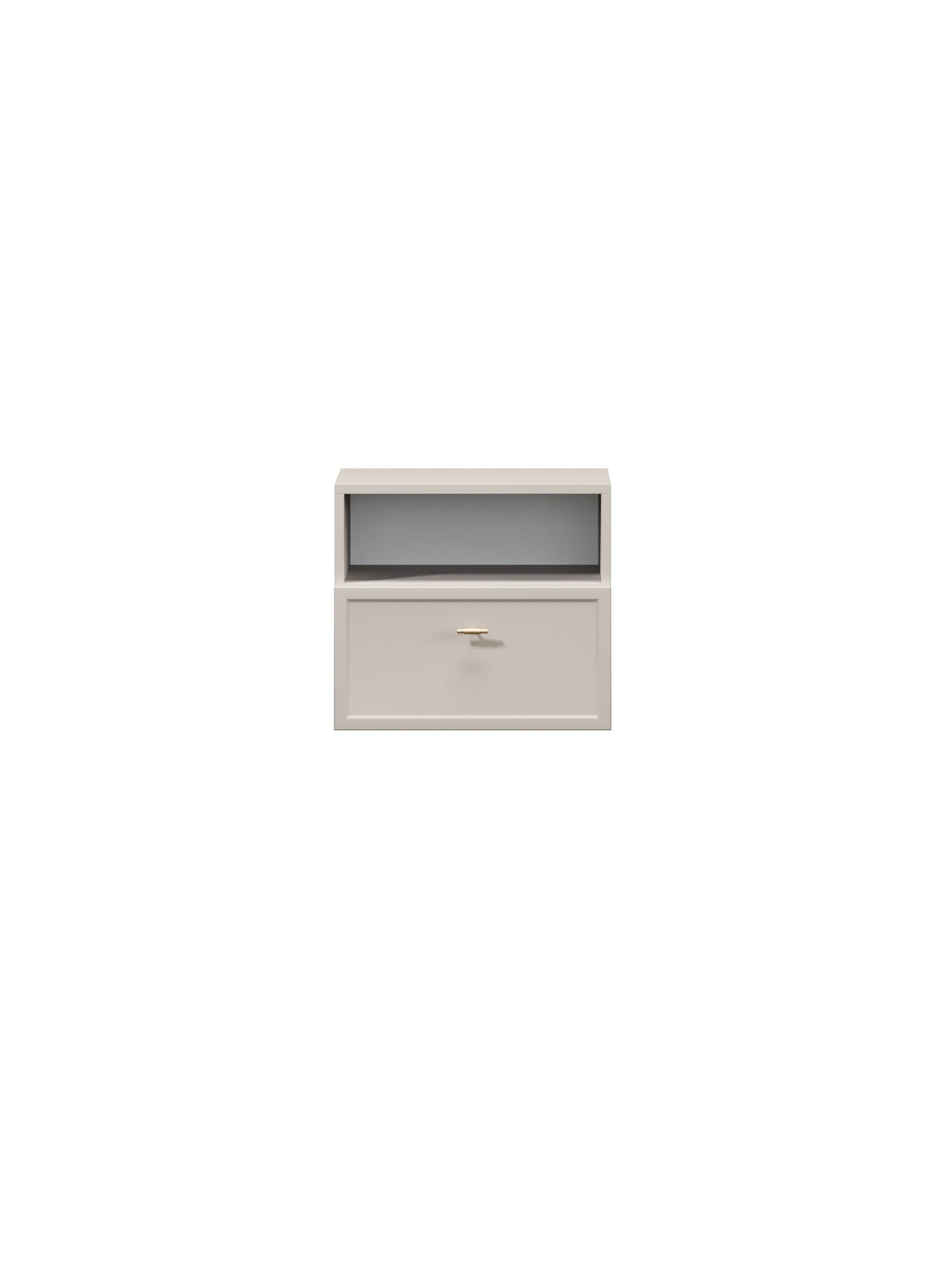 Noptieră suspendată Lorini 45 cm culoare cașmir cu un sertar și mâner T-bar auriu