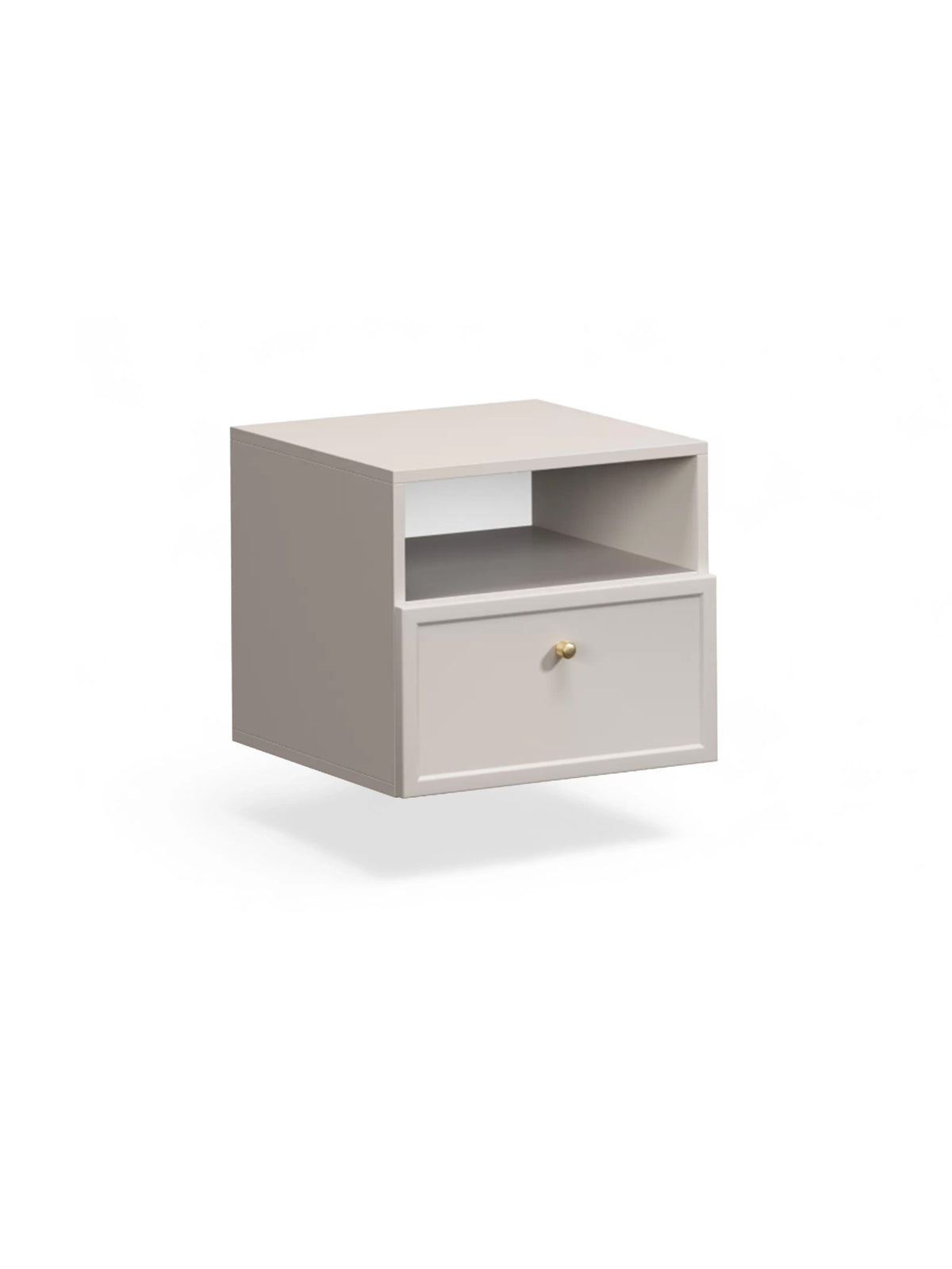 Noptieră suspendată Lorini 45 cm culoare cashmere cu un sertar și mâner auriu