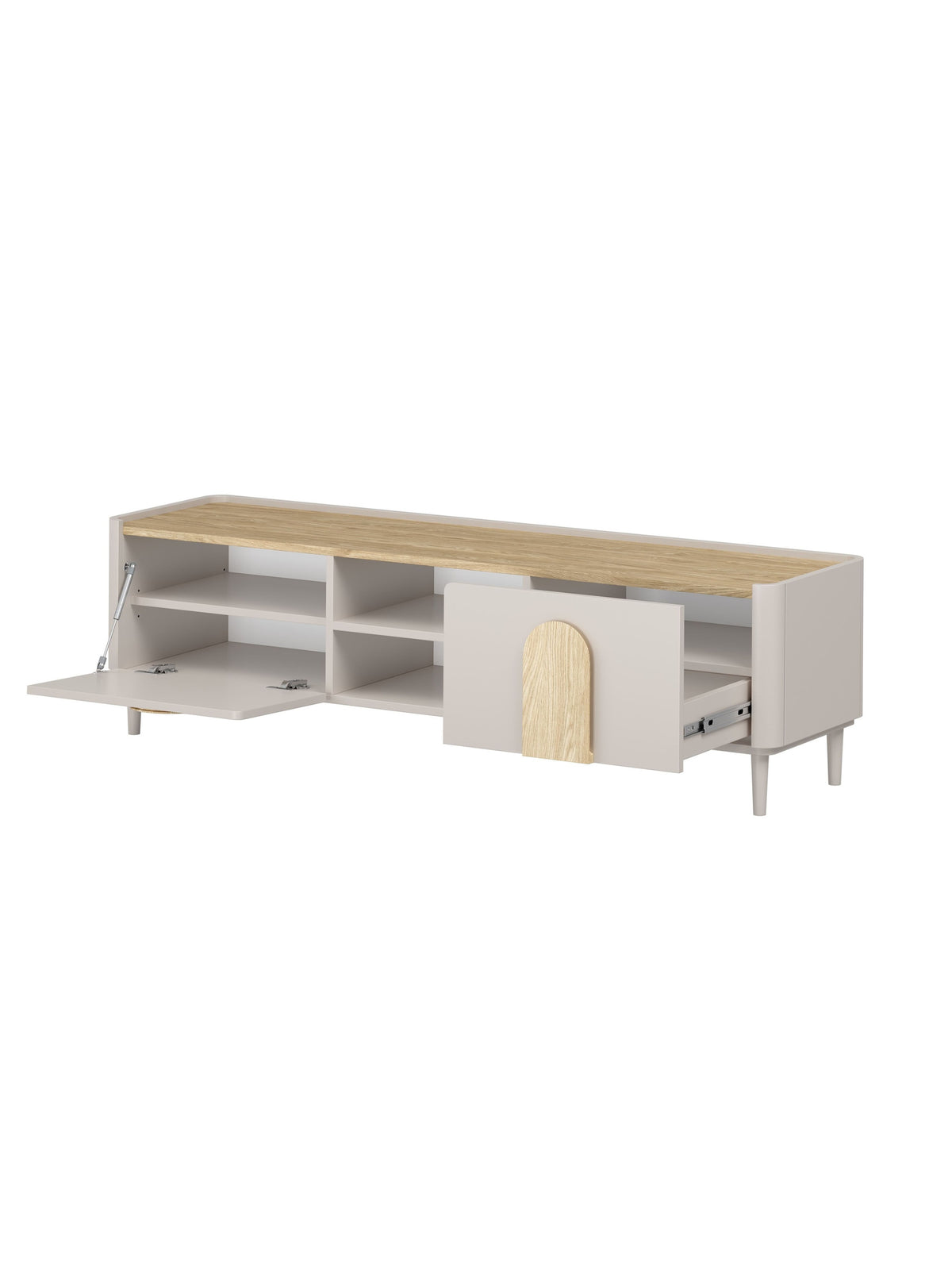 Comodă TV Amilio 170 cm culoare casmir cu sertar și mânere stejar deschis, pe picioare