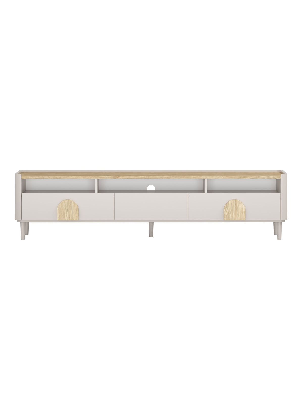 Comodă TV Amilio 200 cm casmir cu sertare și blat din stejar uleiuit pe piciorușe