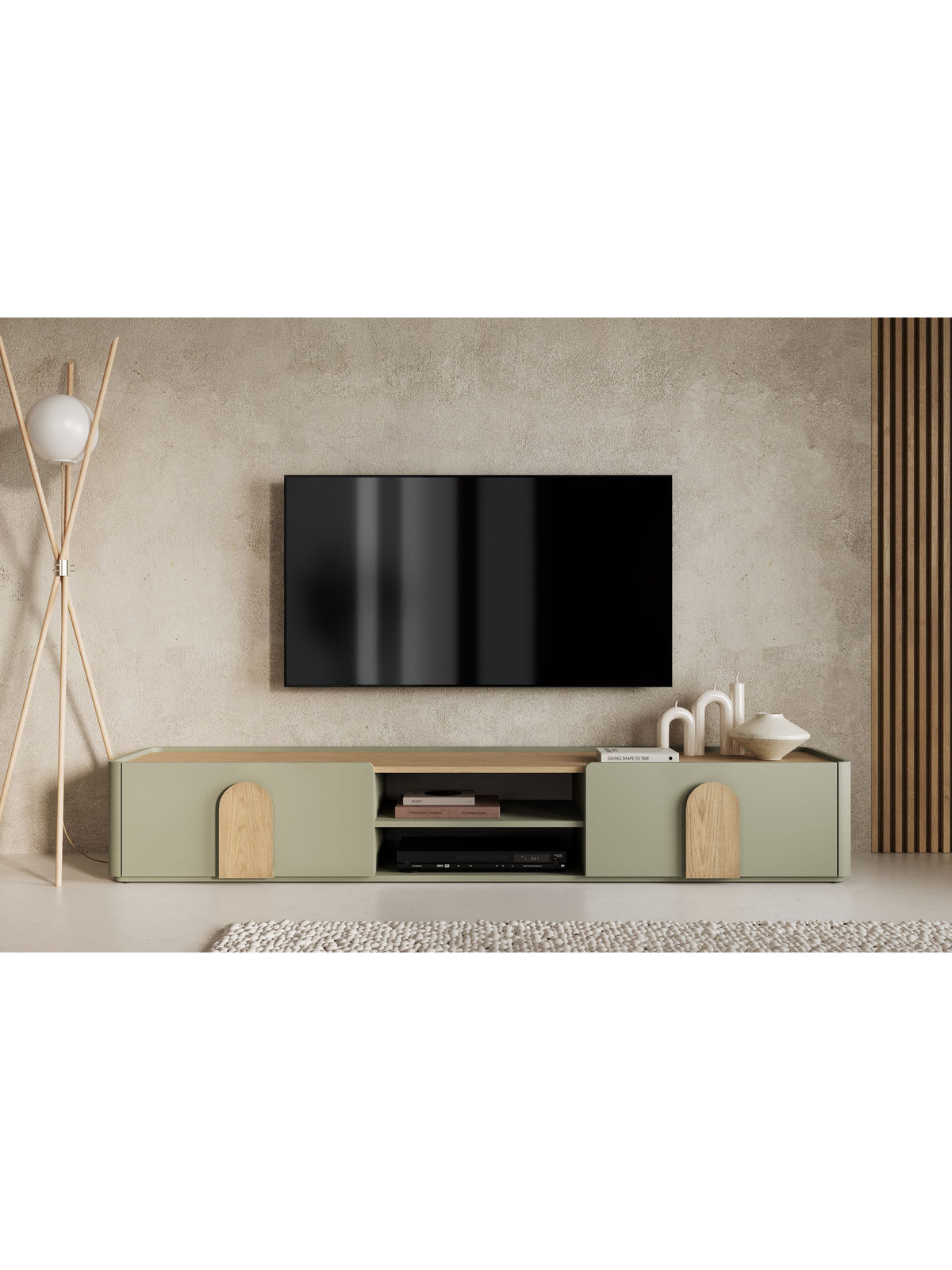 Comodă TV Amilio 220 cm cu sertar, culoare eucalipt cu blat stejar baltic dune