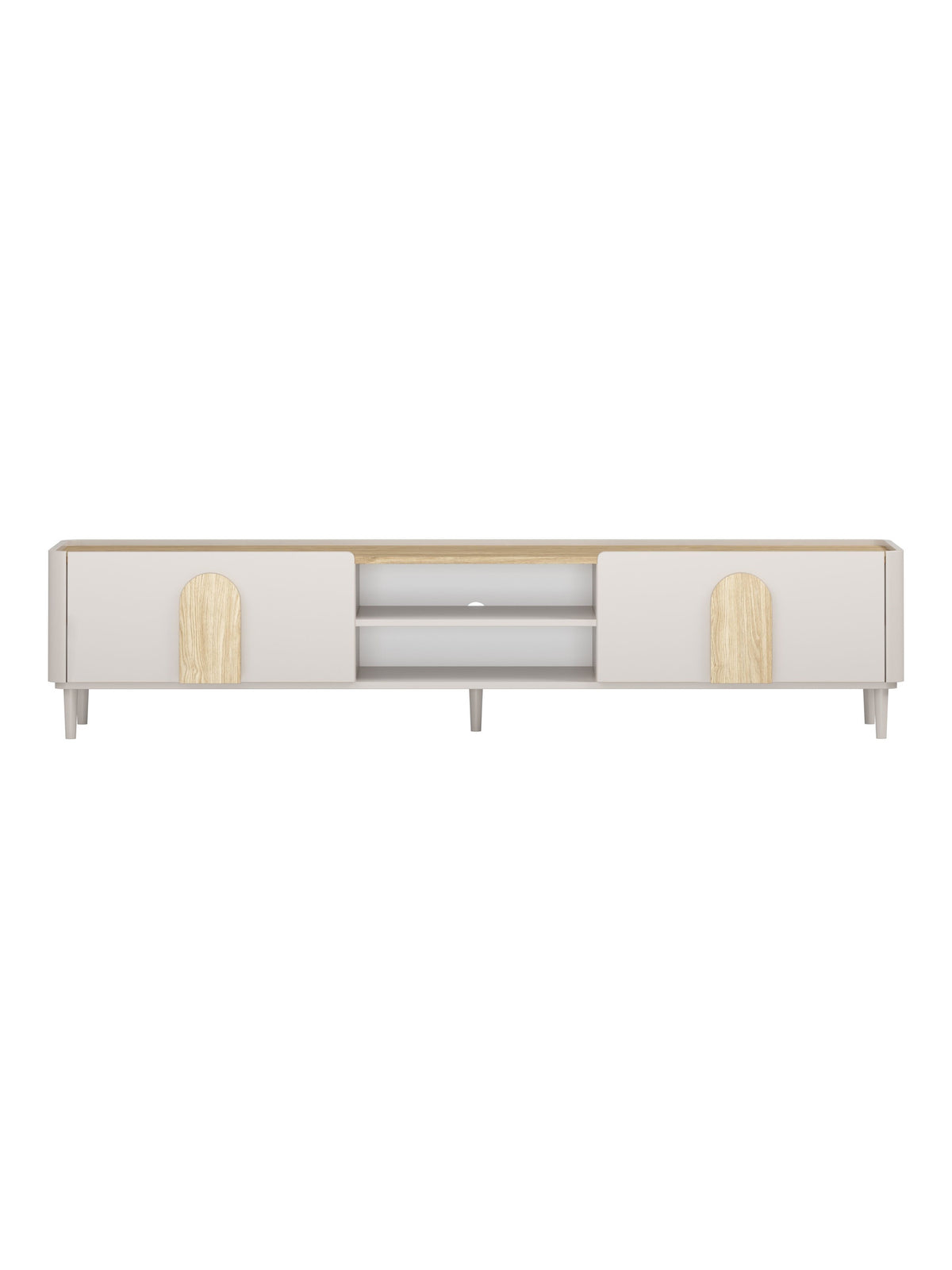 Comodă TV Amilio 220 cm kasmir cu blat din stejar și mânere deschise la culoare, front neted