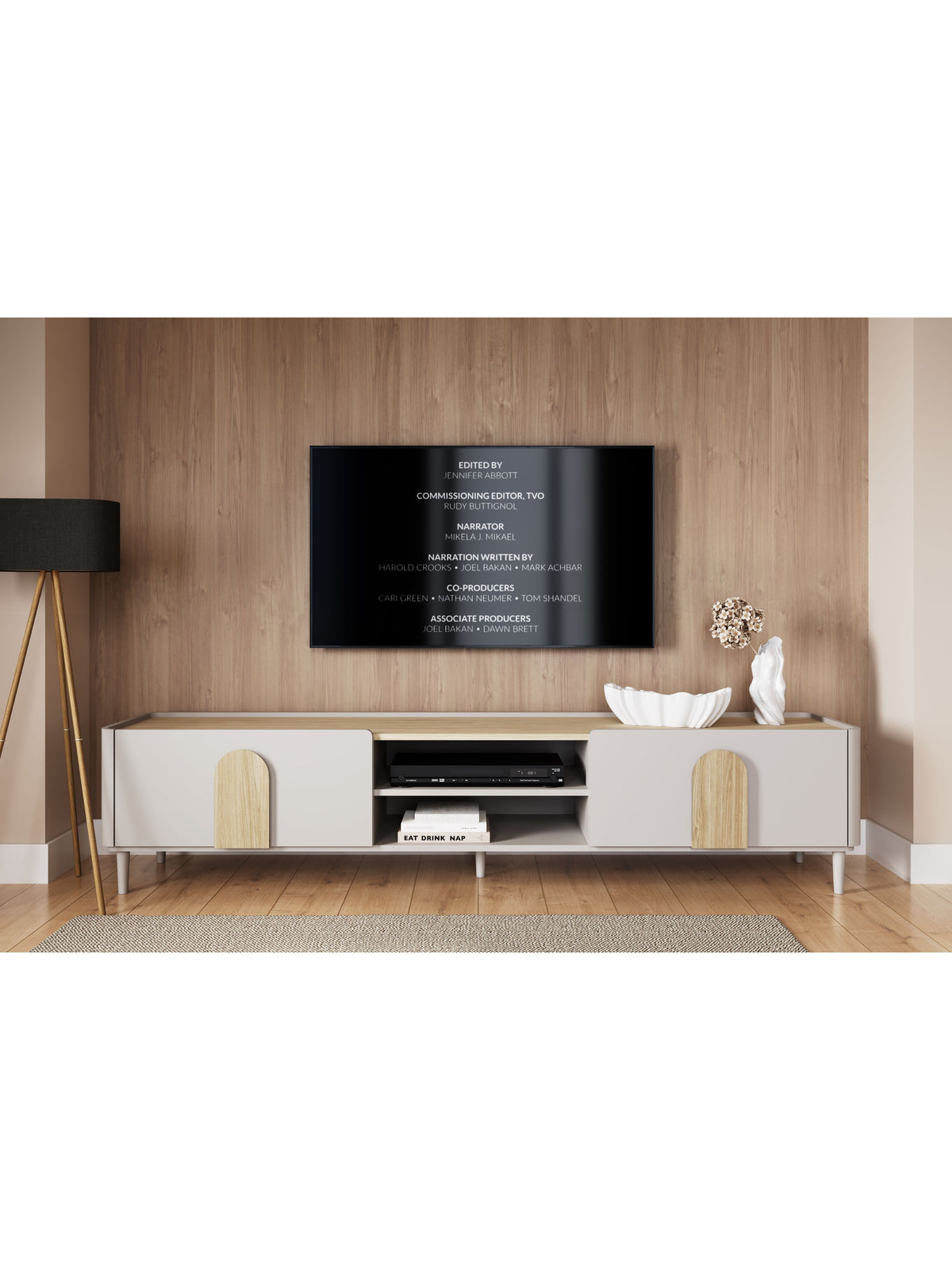 Comodă TV Amilio 220 cm casmir cu un sertar și mânere de stejar deschis