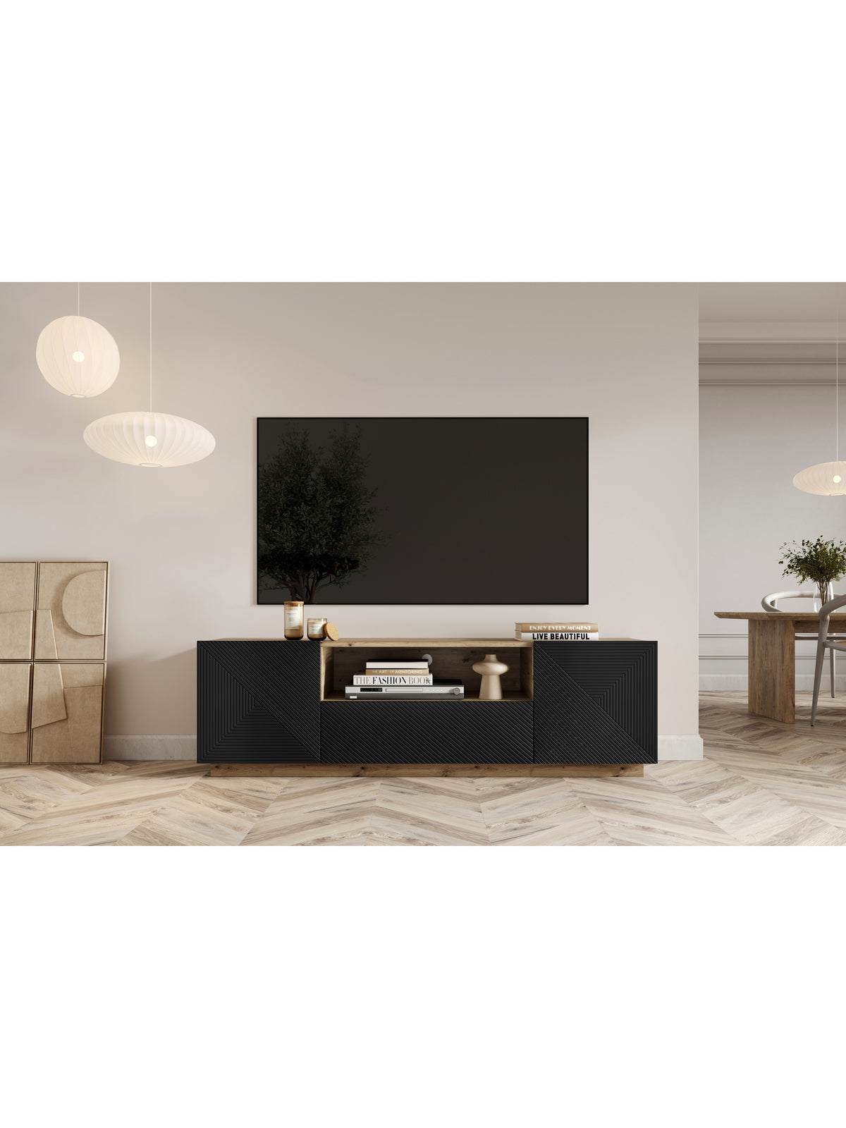 Szafka RTV Asha 167 cm z szufladą i wnęką - artisan / czarny mat