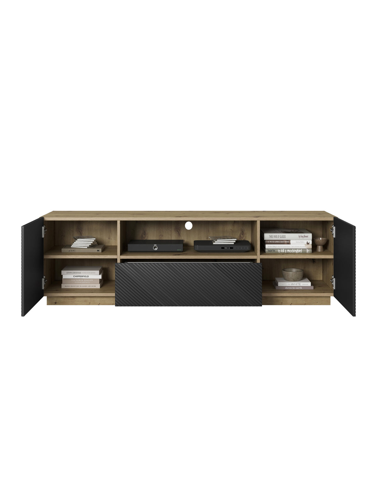 Szafka RTV Asha 167 cm z szufladą i wnęką - artisan / czarny mat