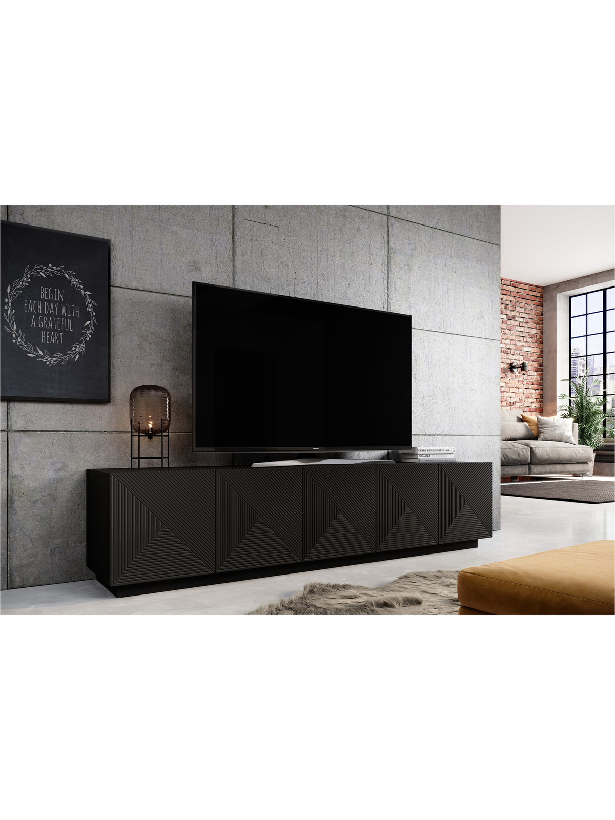 Comodă TV Asha 200 cm negru mat cu cinci uși și front striat, vedere frontală