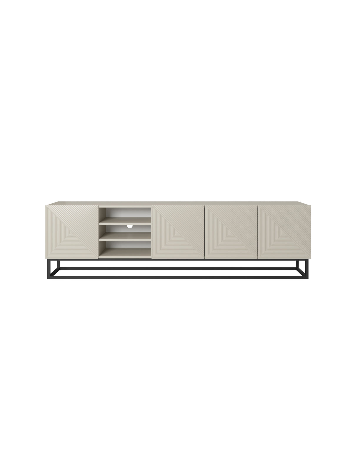 Comodă TV Asha 200 cm casmir cu front striat și cadru metalic negru cu nișă
