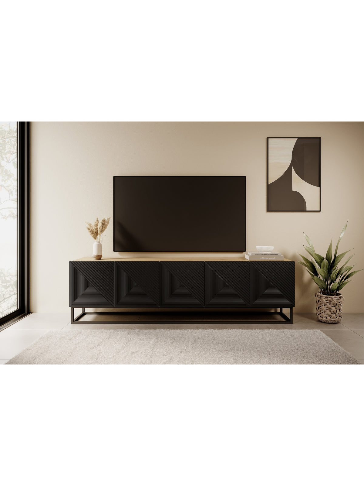 Bufet TV Asha 200 cm cu front negru mat cu model canalizat și cadru metalic negru, vedere frontală