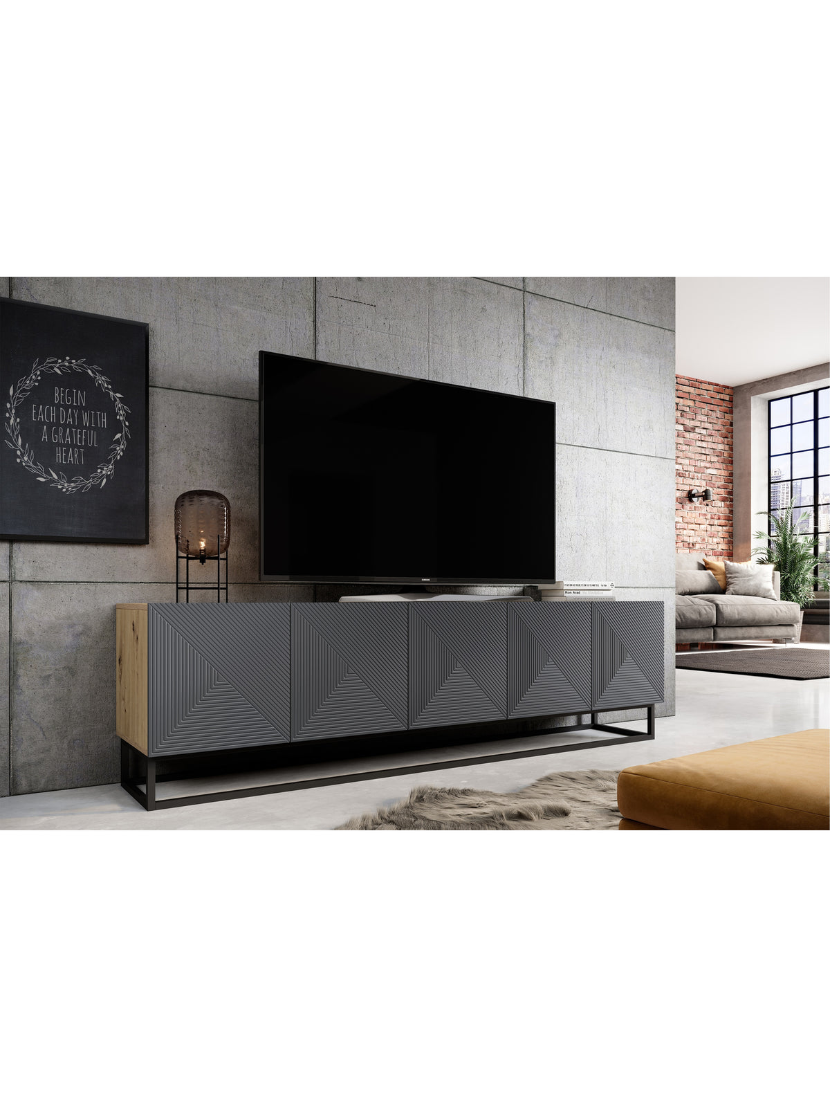 Comodă TV Asha 200 cm cu front striat rivier stone mat și cadru metalic negru