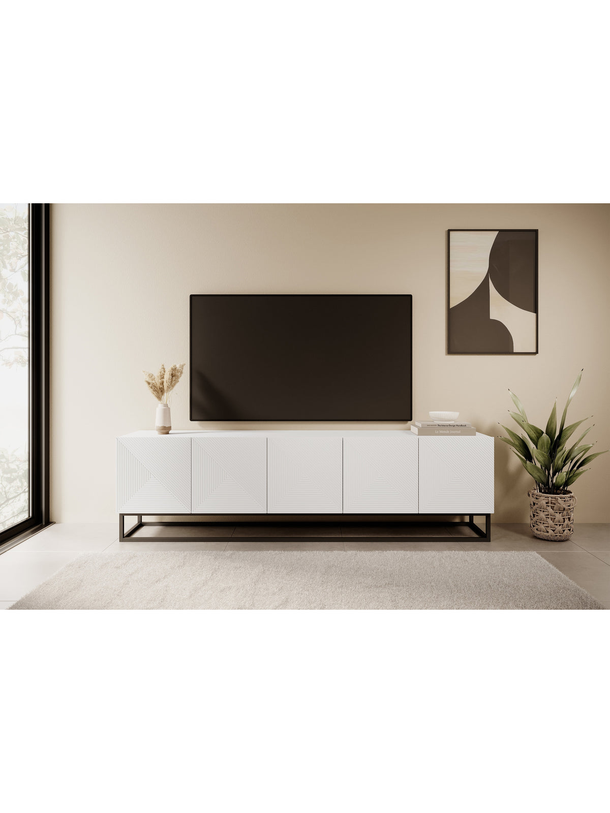 Comodă TV Asha 200 cm alb mat cu front nervurat și cadru metalic negru, vedere din față