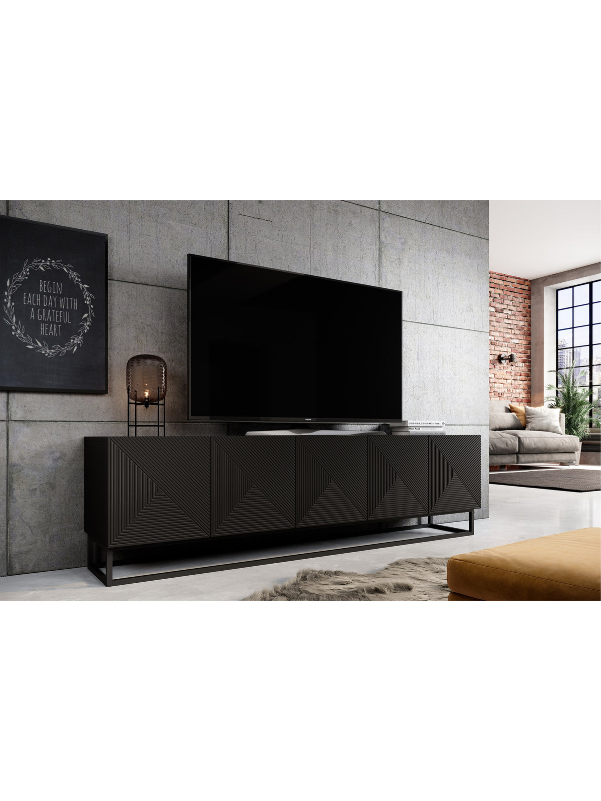 Comodă TV Asha 200 cm cu front negru mat striat și cadru metalic