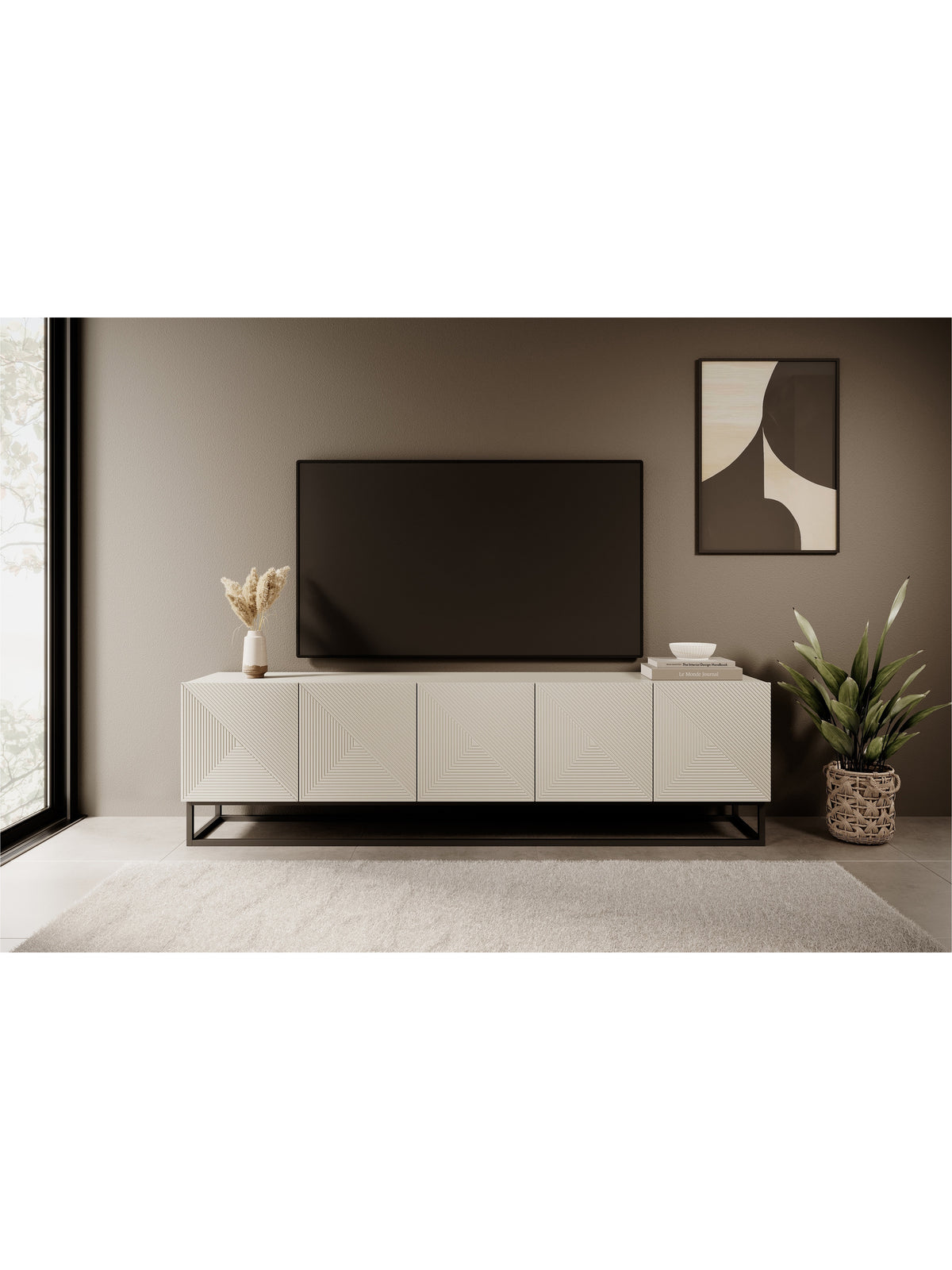 Comodă TV Asha 200 cm bej cu front striat și cadru metalic negru