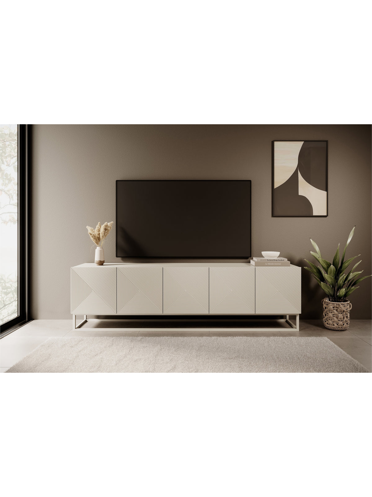 Comodă TV Asha 200 cm cu fațadă cashmere mat cu caneluri, picioare metalice