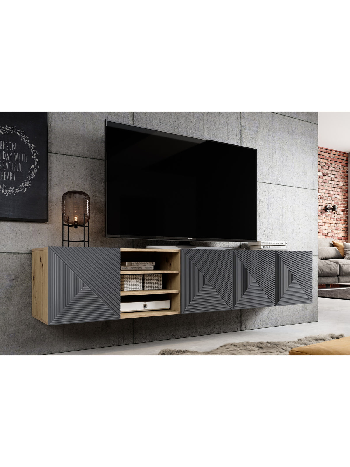 Comodă TV Asha suspendată 200 cm cu front striat în culoarea rivier stone mat