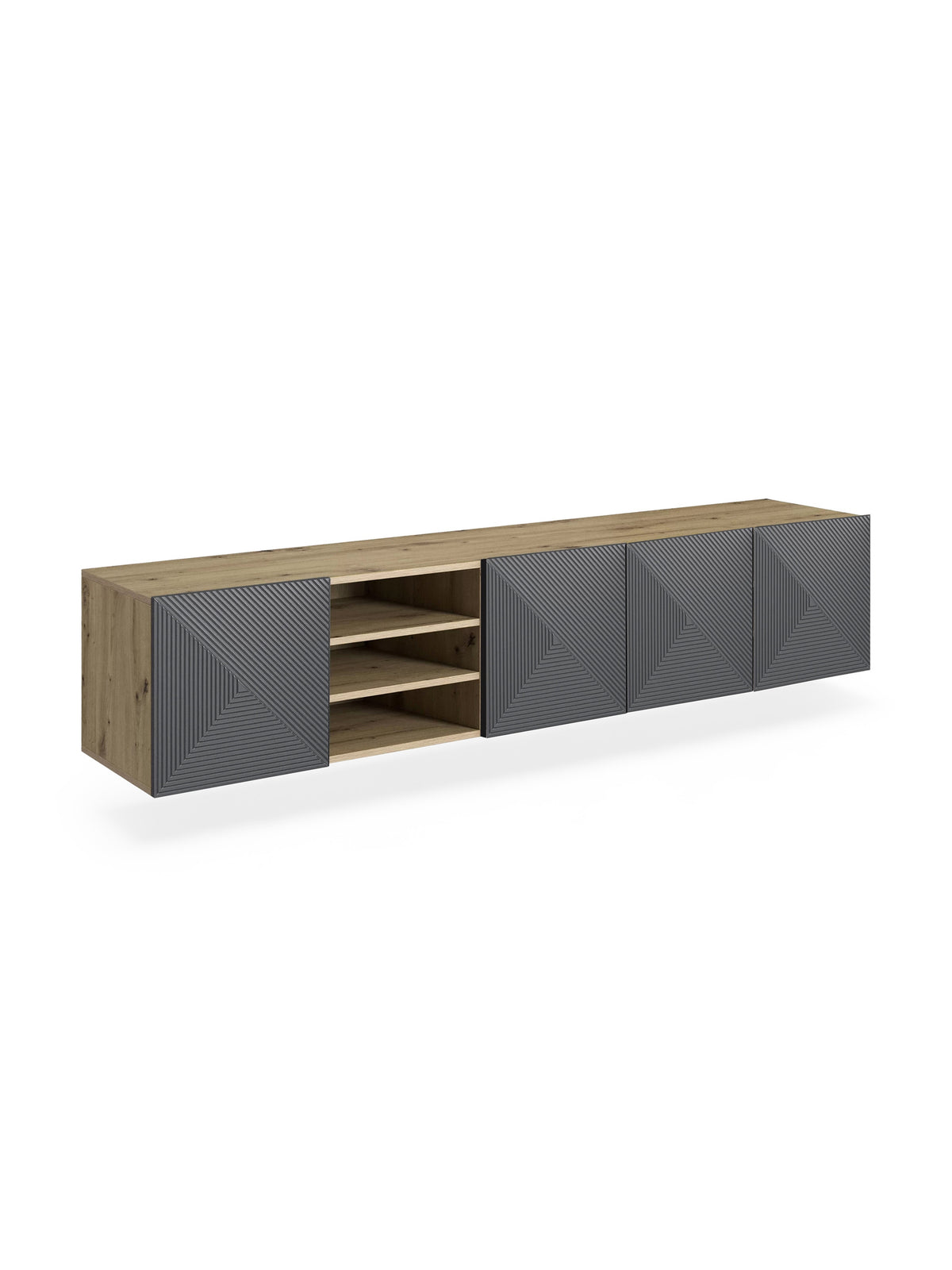 Comodă TV suspendată Asha 200 cm cu front nervurat rivier stone mat și corp artisan stejar