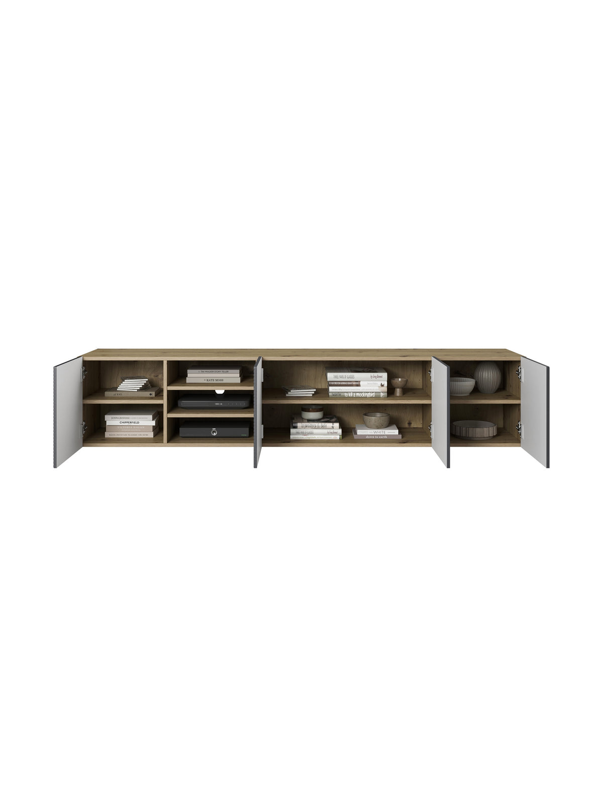 Dulap TV suspendat Asha 200 cm cu front nervurat artisan și rivier stone mat
