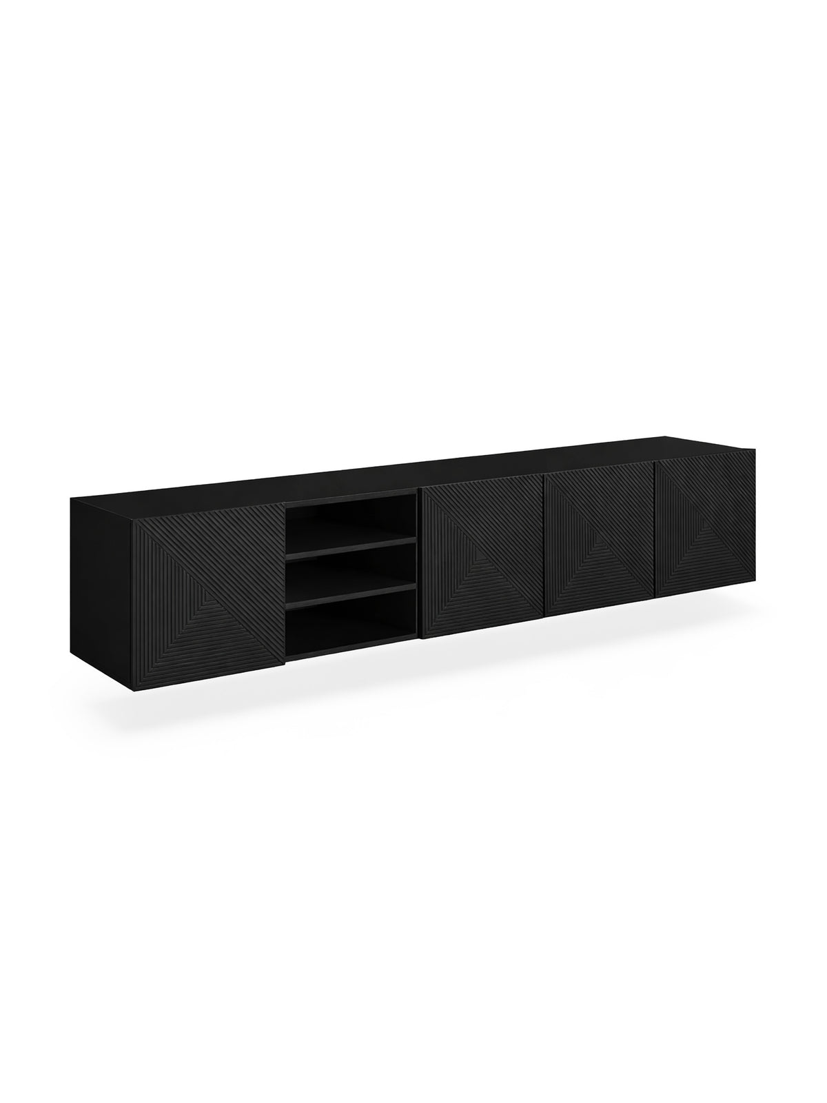 Comodă TV Asha 200 cm negru mat suspendată cu front canelat și trei nișe