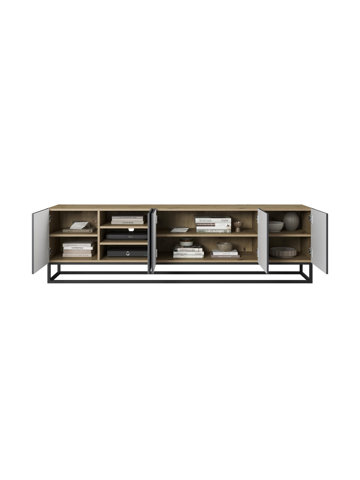Comodă RTV Asha 200 cm cu front striat artisan și cadru metalic negru, interior cu rafturi deschise