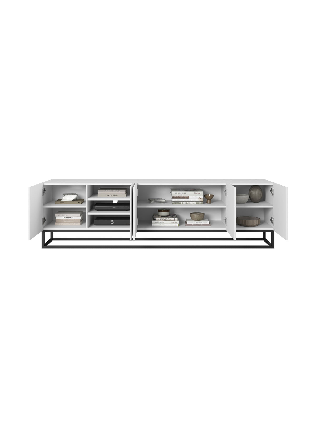 Comodă TV Asha 200 cm alb mat cu front striat și cadru metalic negru deschisă