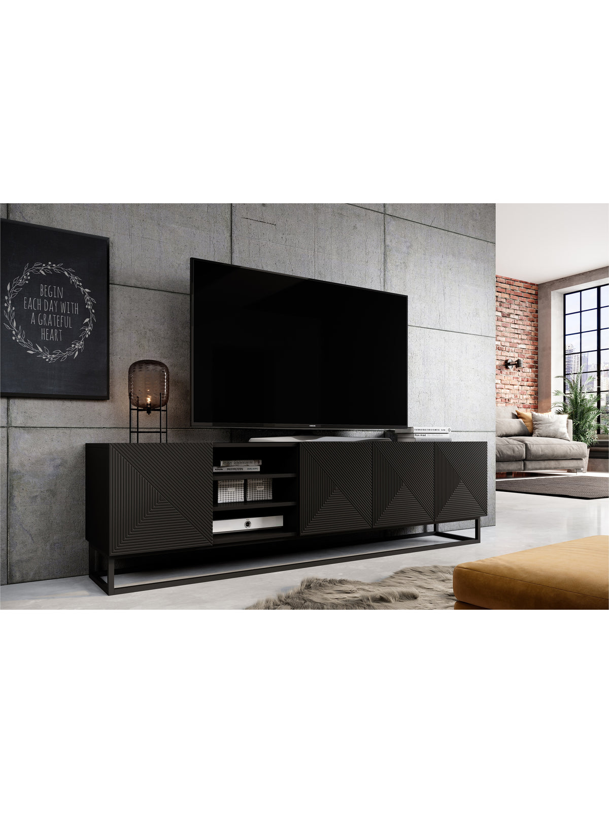 Comodă TV Asha 200 cm negru mat cu front canelat, nișă și cadru metalic față