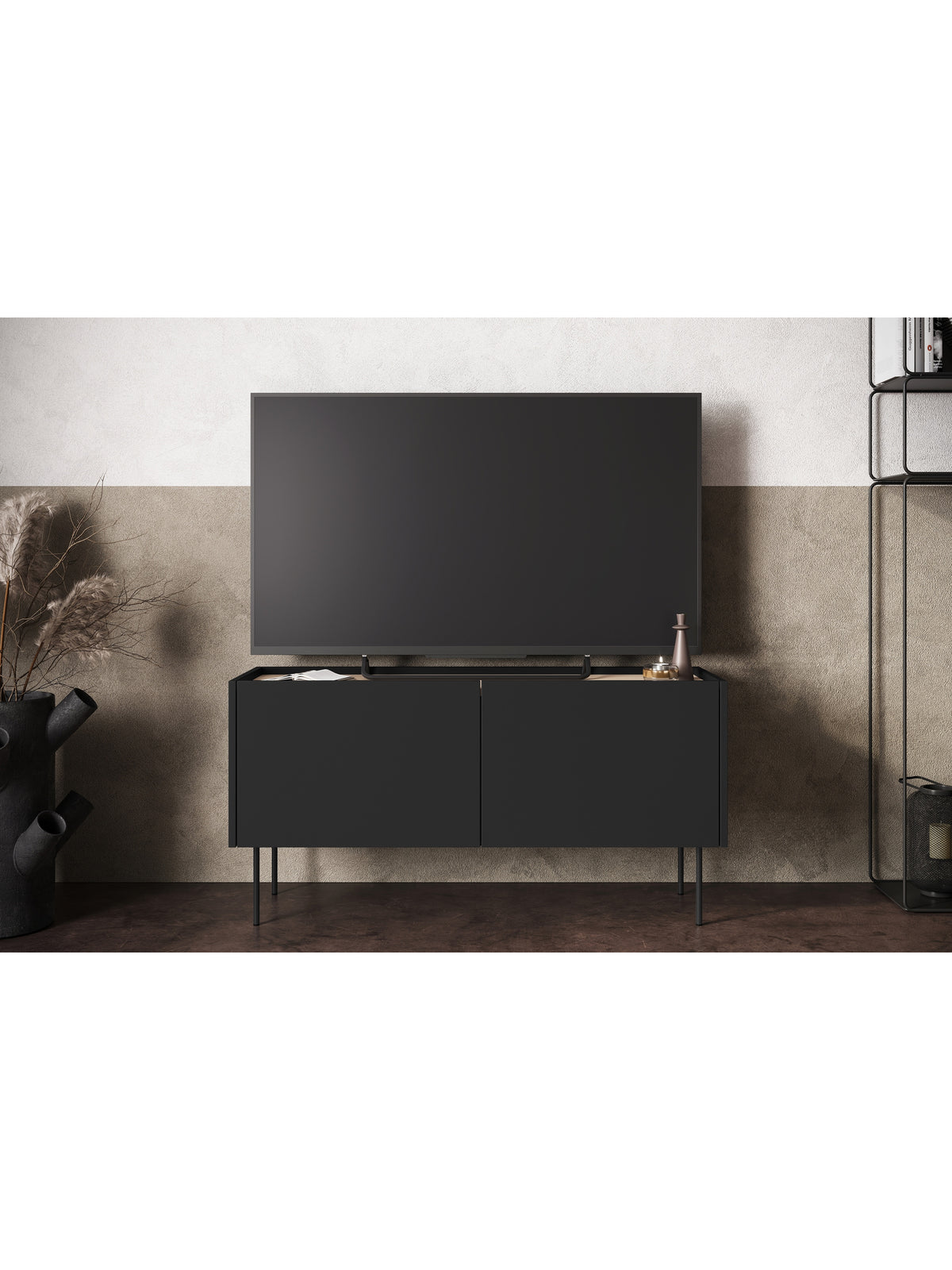 Comodă TV Desin 120 cm negru mat cu blat stejar nagano și picioare metalice