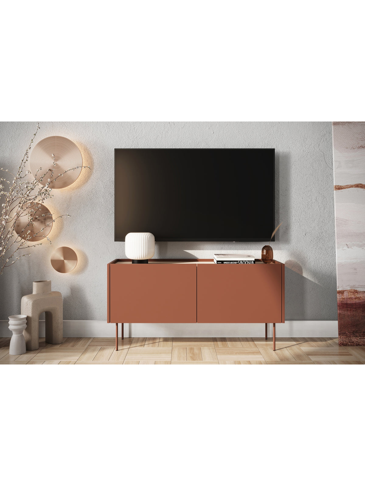 Comodă TV Desin 120 cm roșie bordó cu picioare metalice și fațadă ceramic red