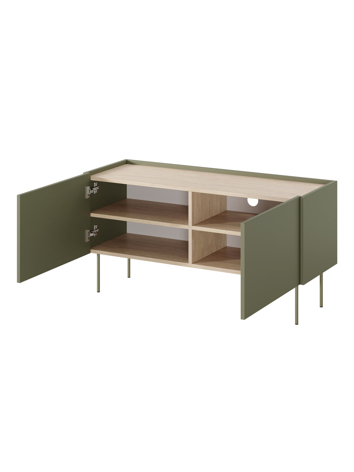 Comodă RTV Desin 120 cm verde măsliniu cu picioare metalice și uși deschise
