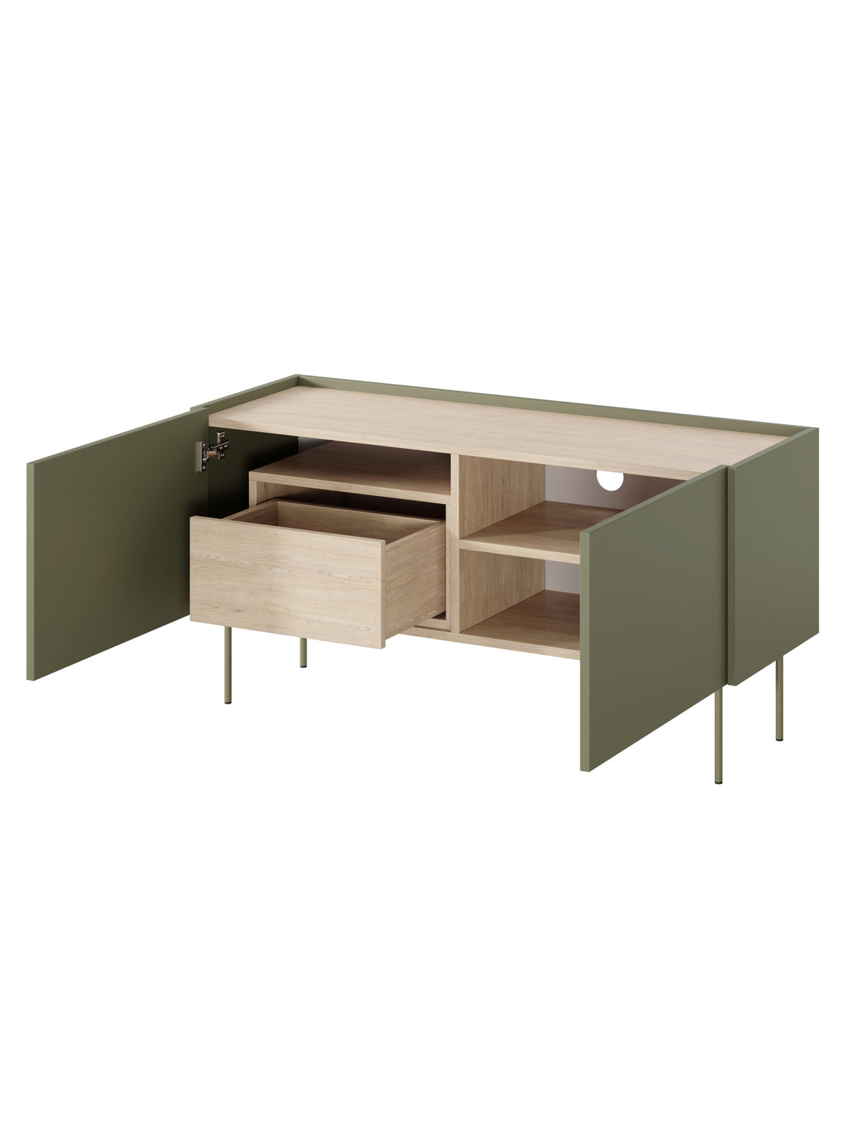 Comodă TV Desin 120 cm verde măsliniu cu sertar ascuns și picioare metalice