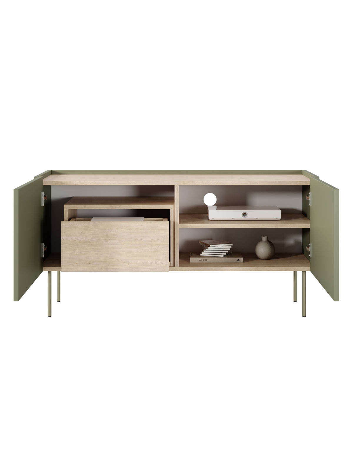 Comodă TV Desin 120 cm verde măsliniu cu sertar ascuns și picioare metalice, interior cu rafturi