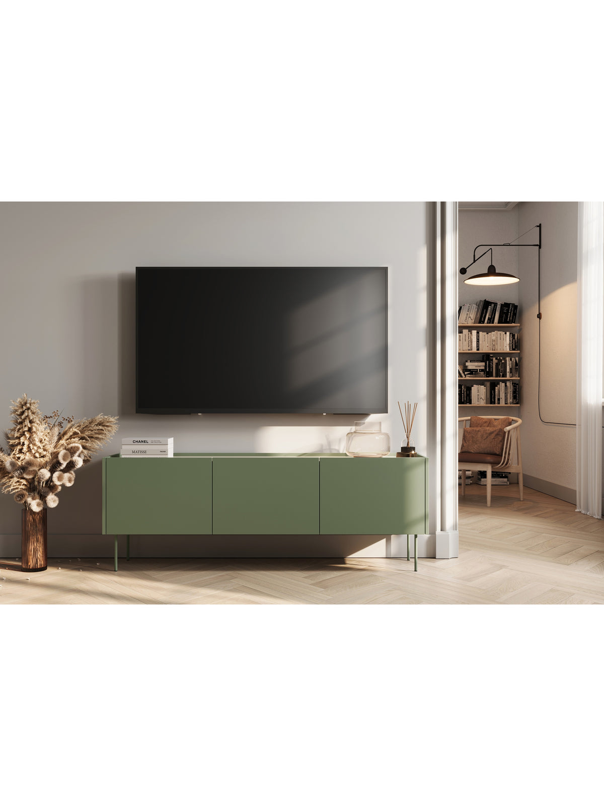 Comodă TV Desin 170 cm verde măsliniu mat, blat dąb nagano, picioare metalice verzi