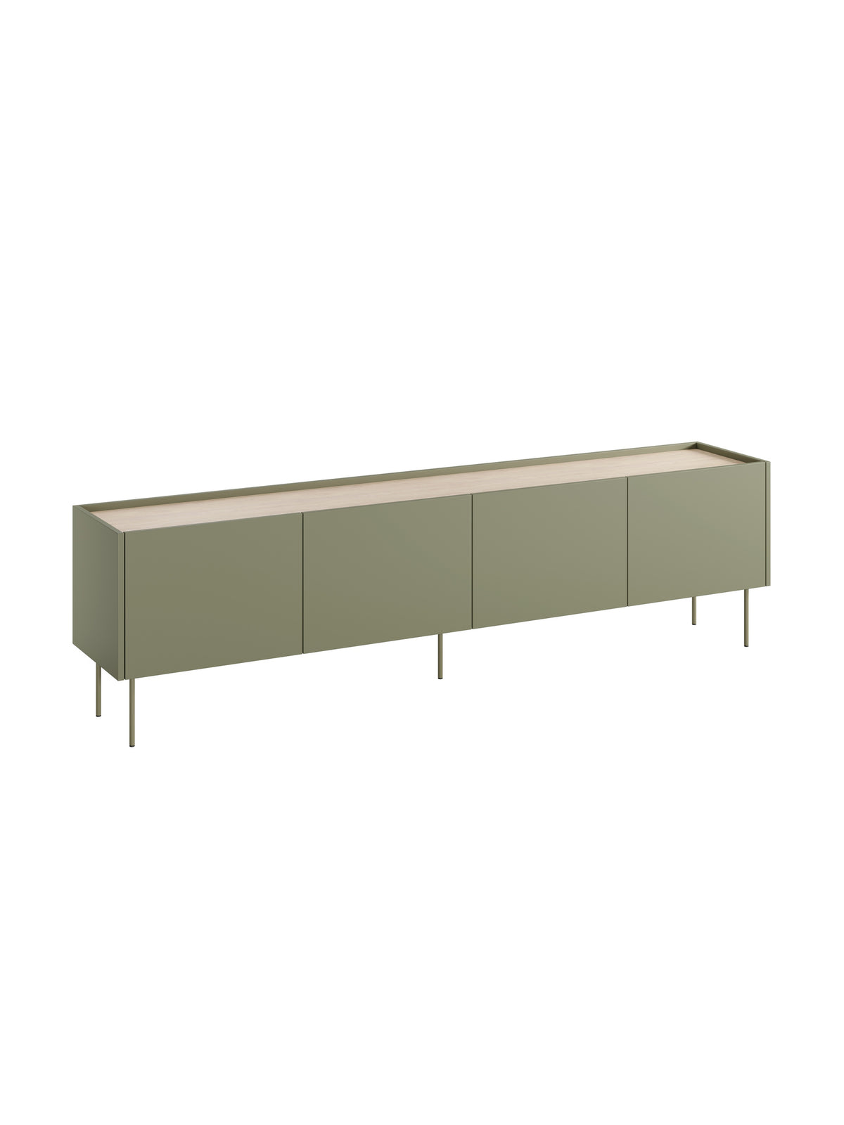 Comodă TV Desin 220 cm olive cu fronturi mate și blat stejar nagano, picioare metalice