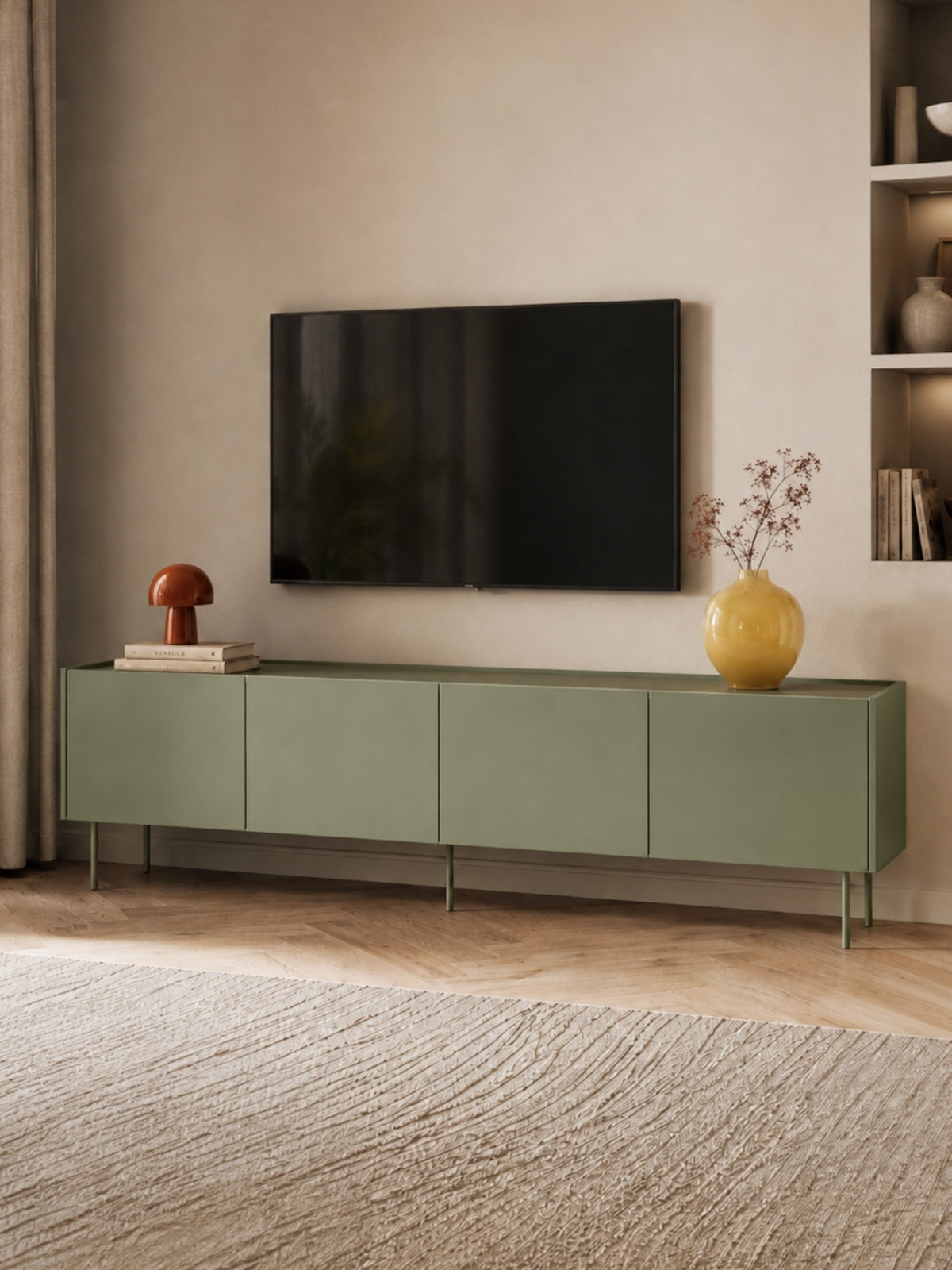 Comodă TV Desin 220 cm verde măsliniu cu front mat și blat stejar Nagano