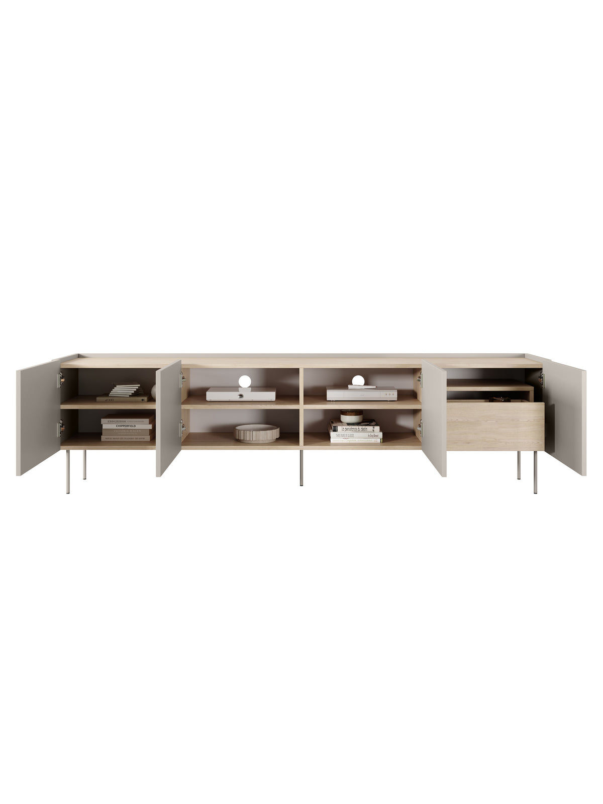 Comodă TV Desin 220 cm culoare casmir cu sertar ascuns și picioare metalice, front mat